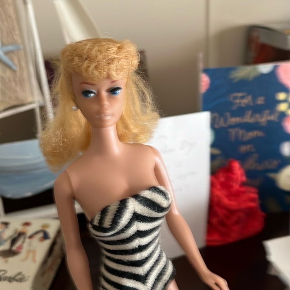 1959 Barbies, three with red, black and white stripes, Swim suits!